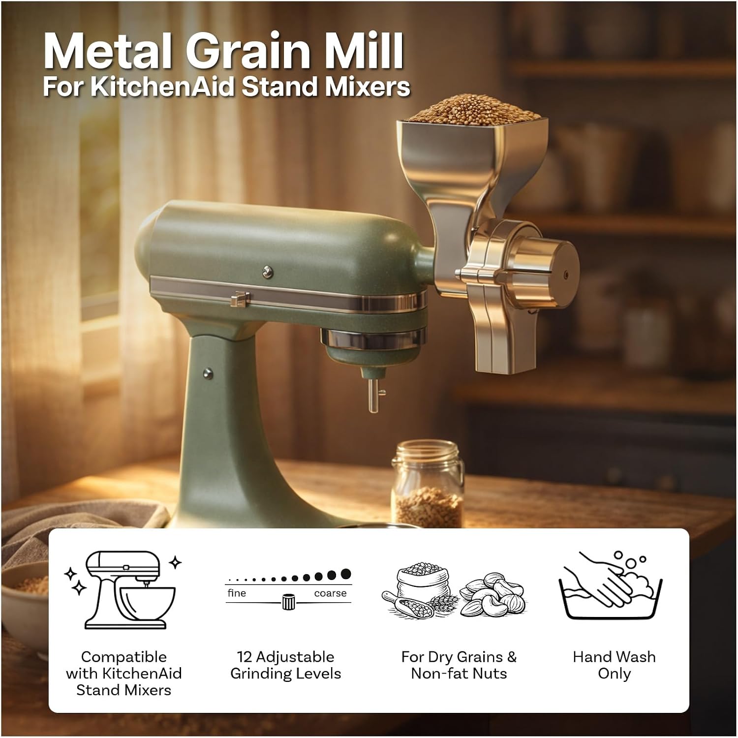 Grain Mill Attachment for KitchenAid Stand Mixer by MMOBIEL – 12 Adjustable Grinding Levels –All Metal Flour Mill for Grinding Wheat, Corn, Oats, Nuts, Coffee Beans, Buckwheat & More – Easy to Clean image 2
