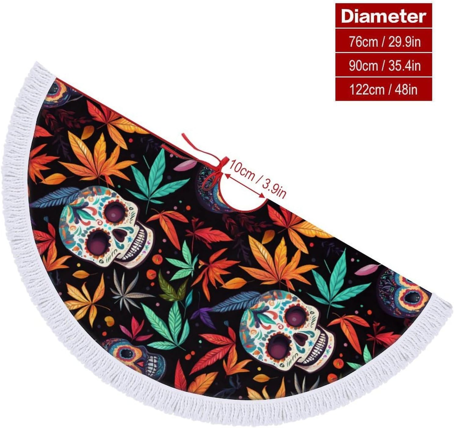 Colorful Skull Weed Plants Christmas Tree Skirt Round Xmas Tree Mat Ornaments Tree Skirts with Tassels for Holiday Party