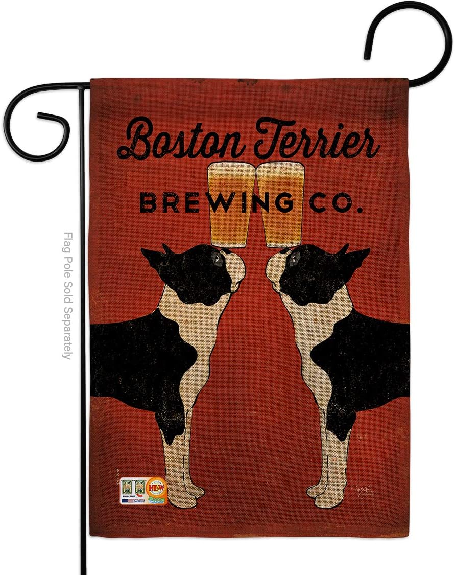 Boston Terrier Brewing Burlap Garden Flag Animals Dog Puppy Spoiled Paw Canine Fur Pet Nature Farm Animal Creature Small Decorative Gift Yard House Banner Double-Sided Made In USA 13 X 18.5