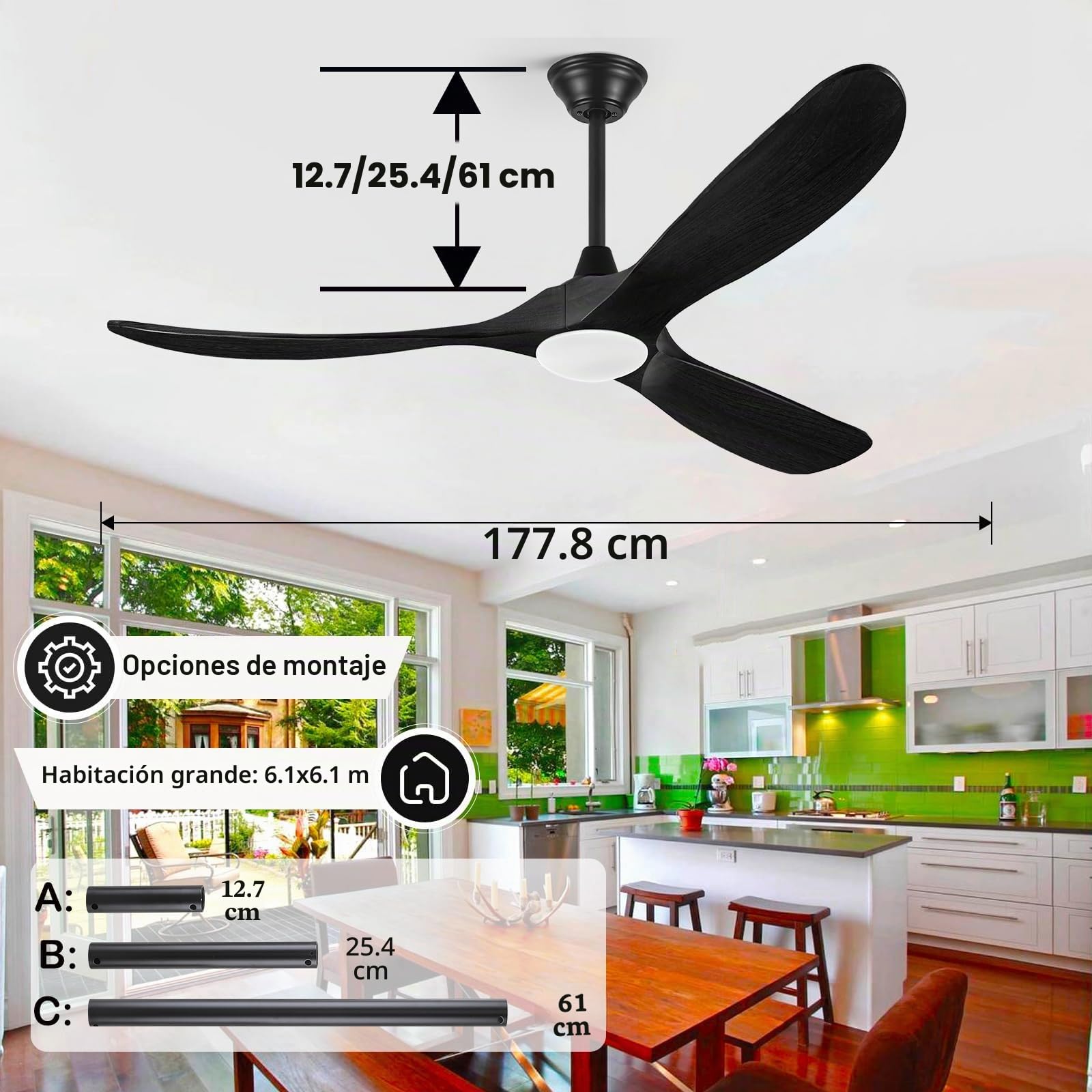 Ventilador De Techo Exterior De Madera Negra De 178 Cm Con Luz, Moderno Ventilador De Techo De 3 Aspas Con Control Remoto, Silencioso Motor De Cc Reversible.