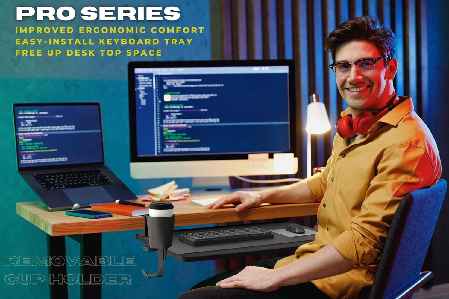 ErgoActive Small Size Keyboard Tray with Multi-Function Cup Holder, Clamp On Easy Installation, Desk Organizer (Small Tray) (with Cup Holder)