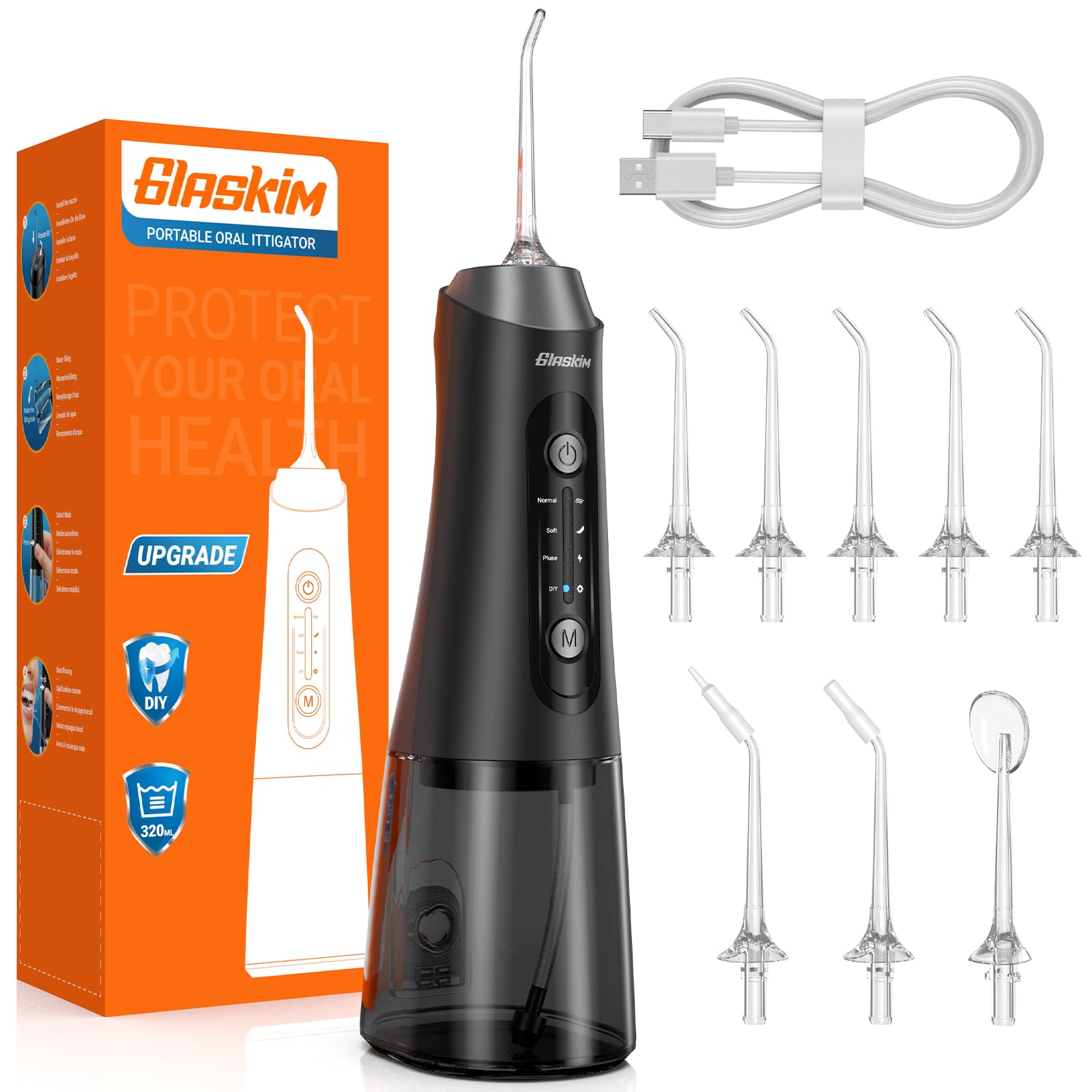 Jet Dentaire Hydropulseur Professionnel - 4 Modes de Nettoyage, Réservoir 320ML Grande Capacité, 8 Buses Interchangeables, USB Charge Rapide, IPX7 Étanche, Portable pour Maison & Voyage,Noir