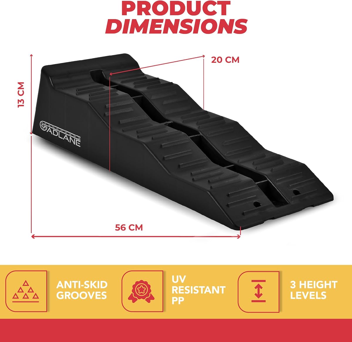 GADLANE Caravan Levelling Ramp Set - 2 Pack Heavy Duty Motorhome Levelling Ramps for Campervans, Trailers - UV-Resistant Wheel Chocks with Anti-Skid Grooves (Load Capacity: 4.5 Tonnes) - BLACK — view 2