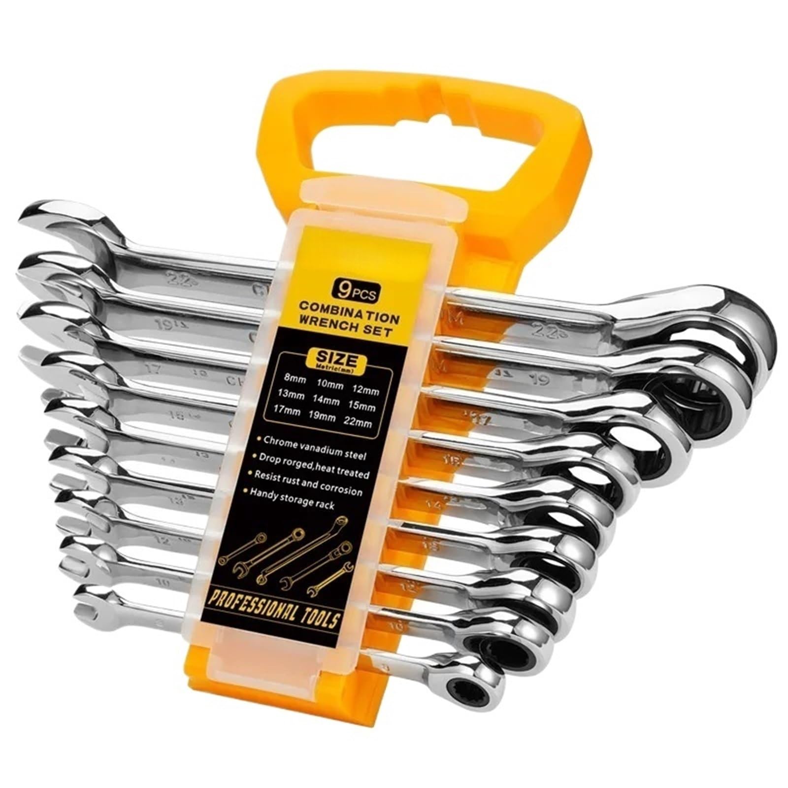 ZGUOUZANTYE Ratcheting Wrench Set, Ratchet Wrenches Chrome Vanadium Steel Ratcheting Wrench Set with Metric 72-Tooth Box End and Open Standard(9pcs(8-22))