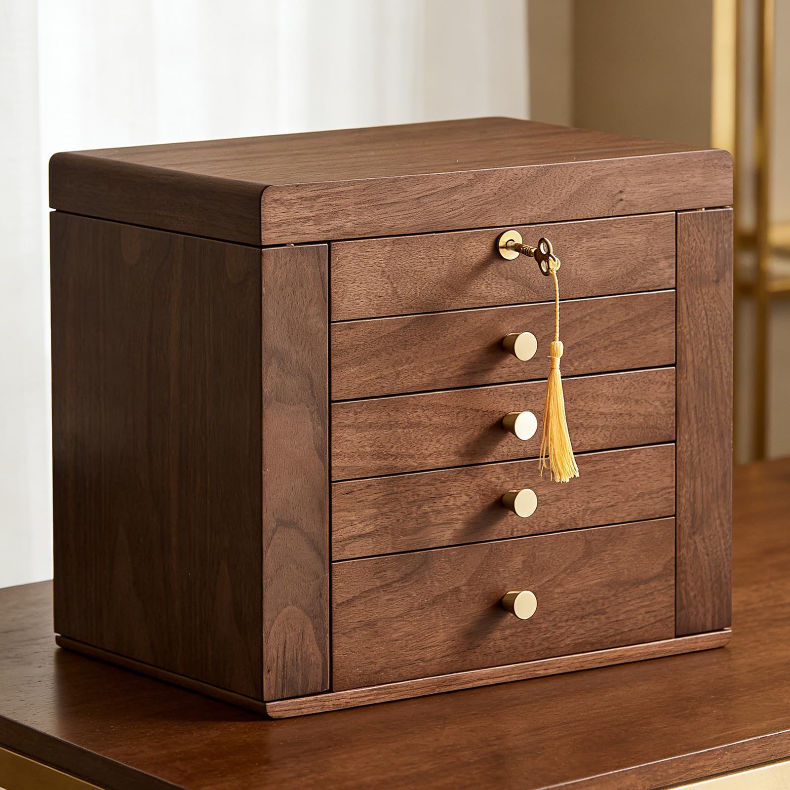 Schmuckkästchen aus Holz Schmuckkasten Groß für Damen, Massivholz Vintage Schmuckschatulle Schmuckbox 4 Schubladen mit Spiegel und Schloss, 5 Ebenen Schmuckaufbewahrung für Schmuck, Ohrringe