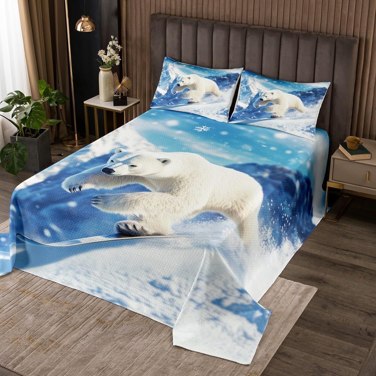 Homewish Polar Bear Bedspread King Size,Skiing Sports Theme Bedding Sets 3Pcs for Kids Boys Girls Teens Room Decor,Winter Snow Mountain Comforter Set Wild Animals Coverlet Quilt,2 Pillowcases