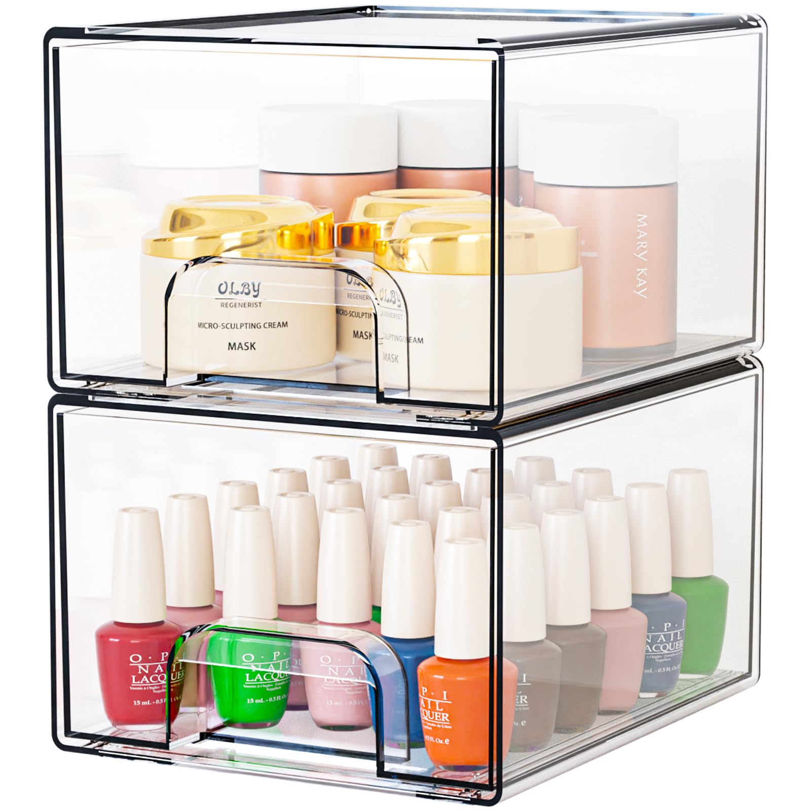 2 Piezas Cajones de Almacenamiento Apilables de Acrílico con 16 almohadillas antideslizantes Transparente Organizador de maquillaje con cajones,para baño,tocador,dormitorio y cocina