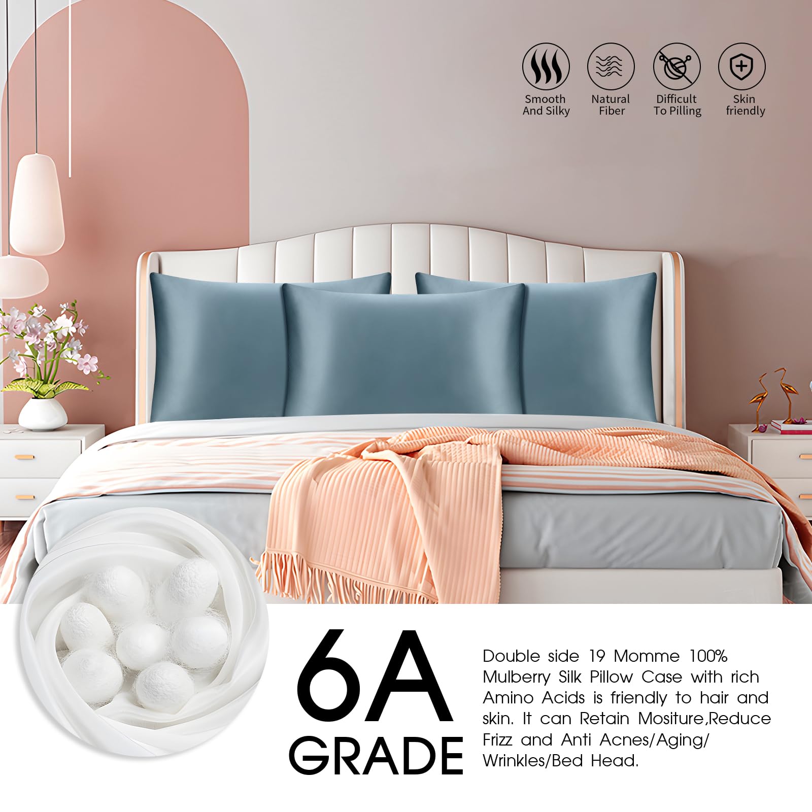 SILKTALE 19 Momme 100% Mulberry Silk Pillowcase for Hair and Skin,Pure Silk Pillow Case with Hidden Zipper,1pc,Ash Blue,Standard Size 50 x 65 cm - Image 4