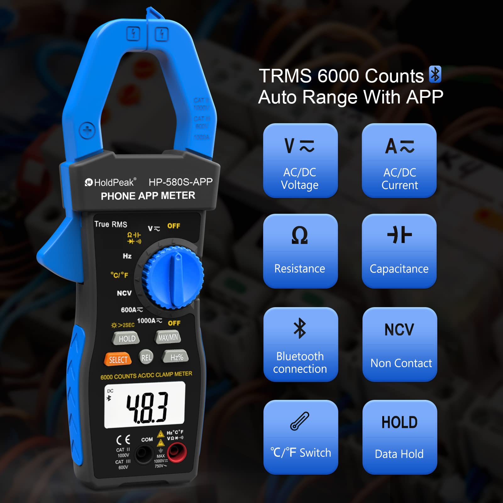 Pinza Amperimétrica HoldPeak con APP connect, Multímetro TRMS 6000 Counts HP-580S Auto Ranging, NCV 1000A AC/DC Volt ohm Resistencia Capacitancia Continuidad Temperatura Diodo