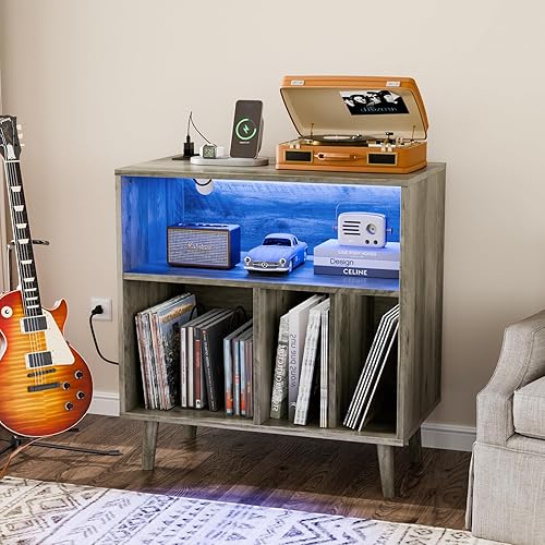 VINGLI Soporte para tocadiscos con almacenamiento de vinilo abierto, mesa de almacenamiento de álbumes de mediados de siglo con luz LED de hasta 300
