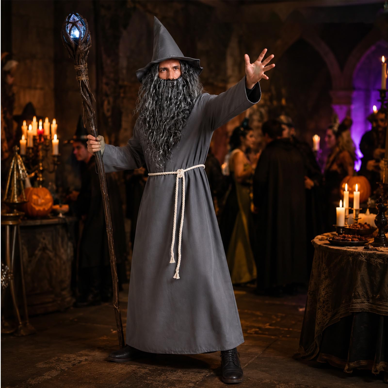 Costume da mago grigio, per adulti, per Halloween, 5 pezzi