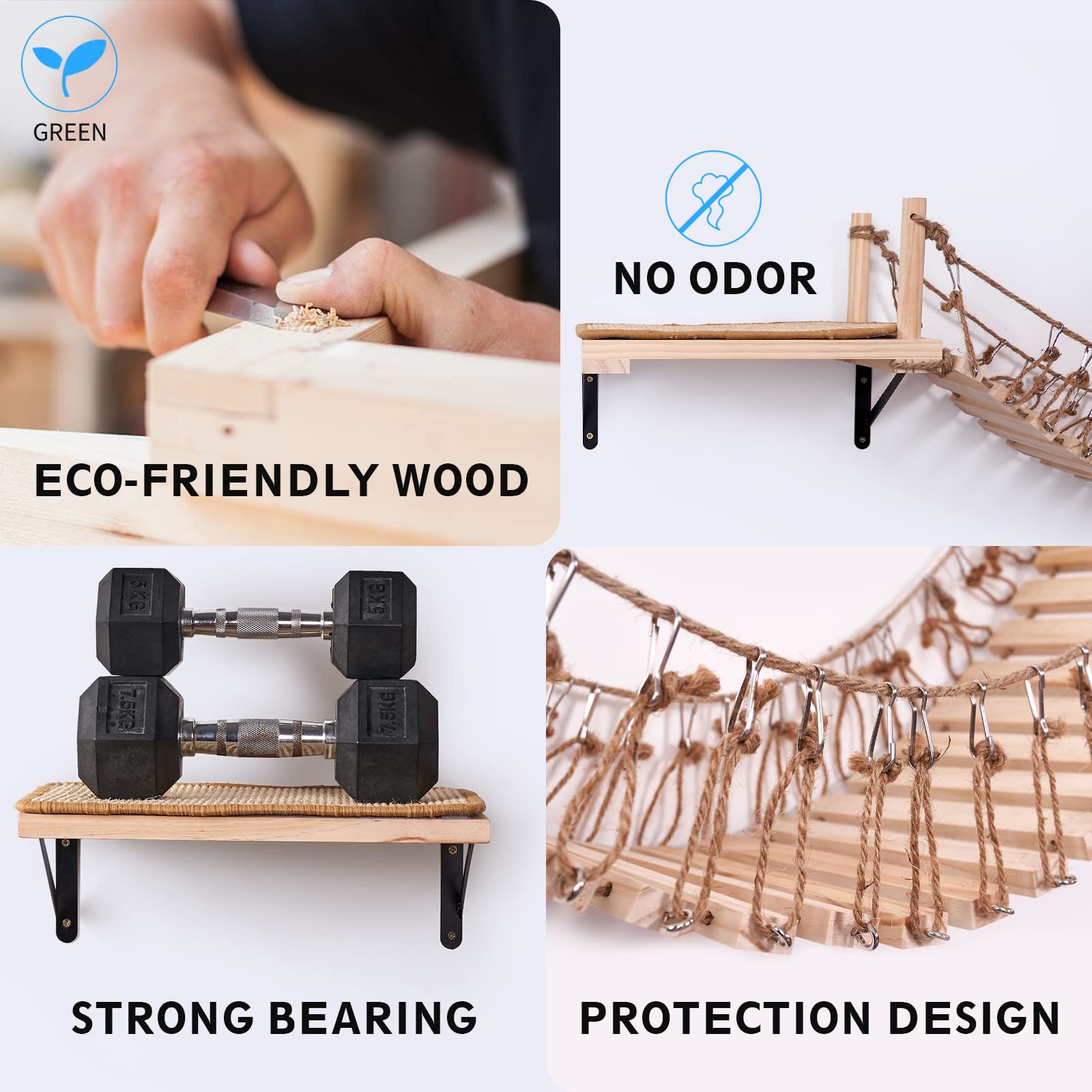 INRLKIT Cat Bridge with 2 Large Floating Cat Wall Shelves, Cat Wall Furniture Cat Perch with 2 Cat Feeder Shelves, Wall-Mounted Cat Shelf with 2 Elevated Cat Bowls for Eating, Playing, Sleeping