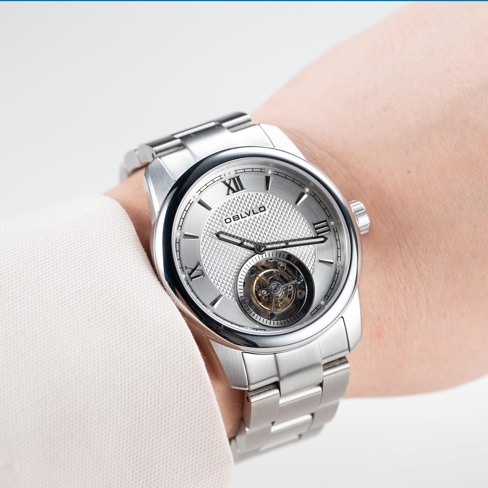 OBLVLO Luxusmarke Herren Edelstahl Tourbillon Uhr Selbstaufzug Automatikuhren Wasserdicht Business Uhr für Herren SK-TOUR