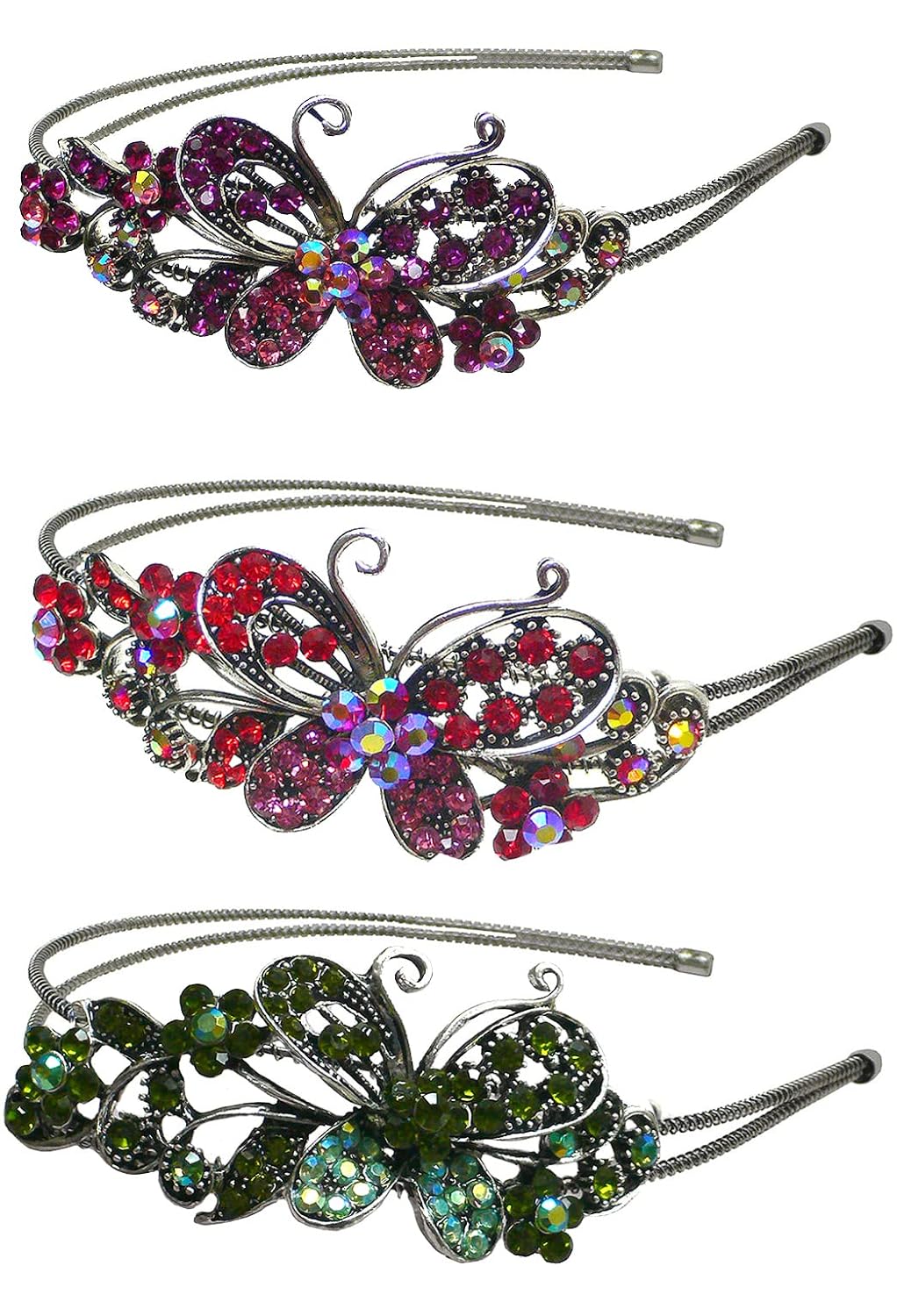 Set of 3 Crystal Butterfly Headband Resilient Metal Wire Hairbands for Comfortable Size Adjustment for Women U86121-0124-3fRg