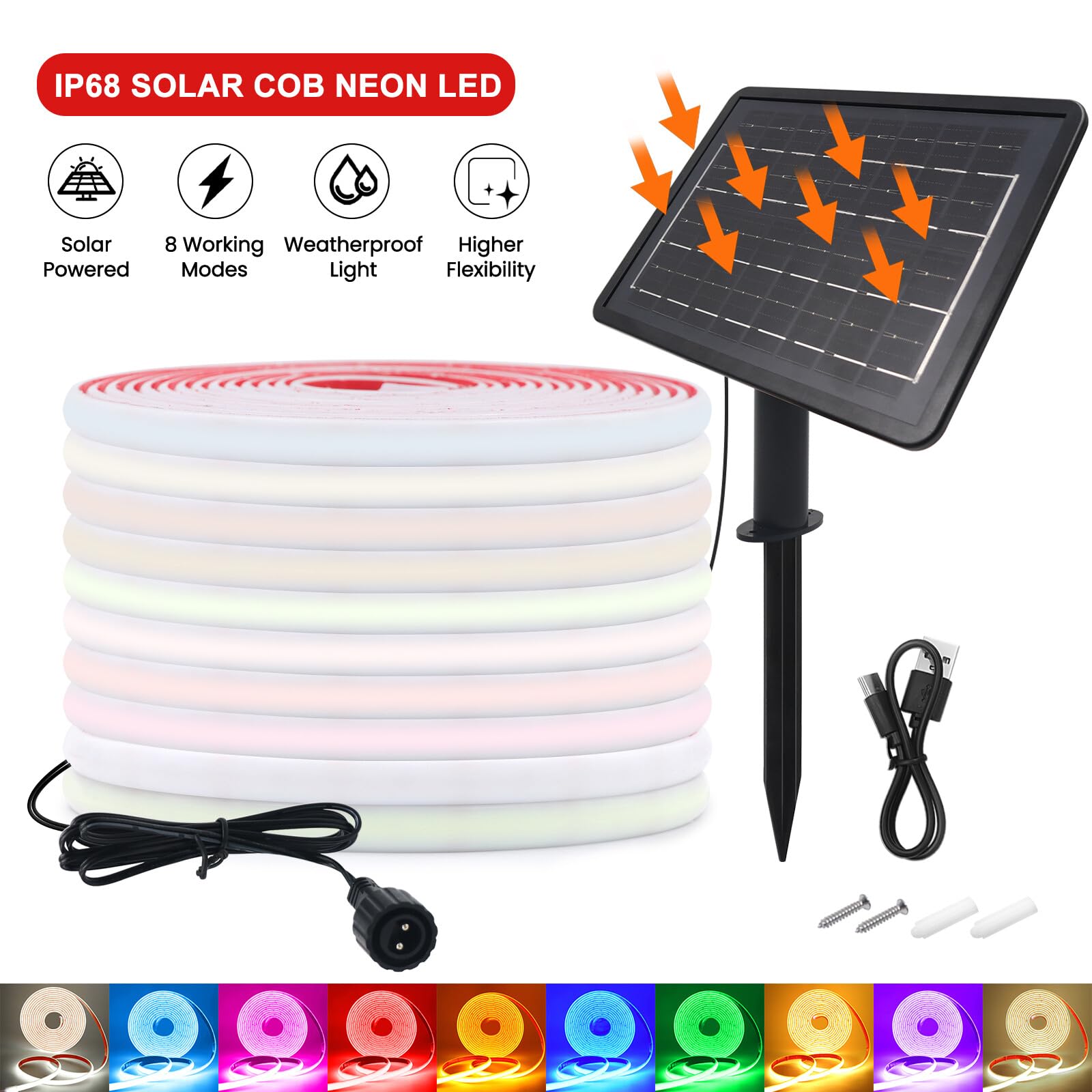 24V COB LED Tira Solar [3m,Blanco Cálido 3000-3500K], 2400MAH Controlador de Panel Solar, 8 Modos, IP68 Impermeable Flexible FCOB LED Tira de Neón, Decoración de Dormitorio Jardín Pasillo