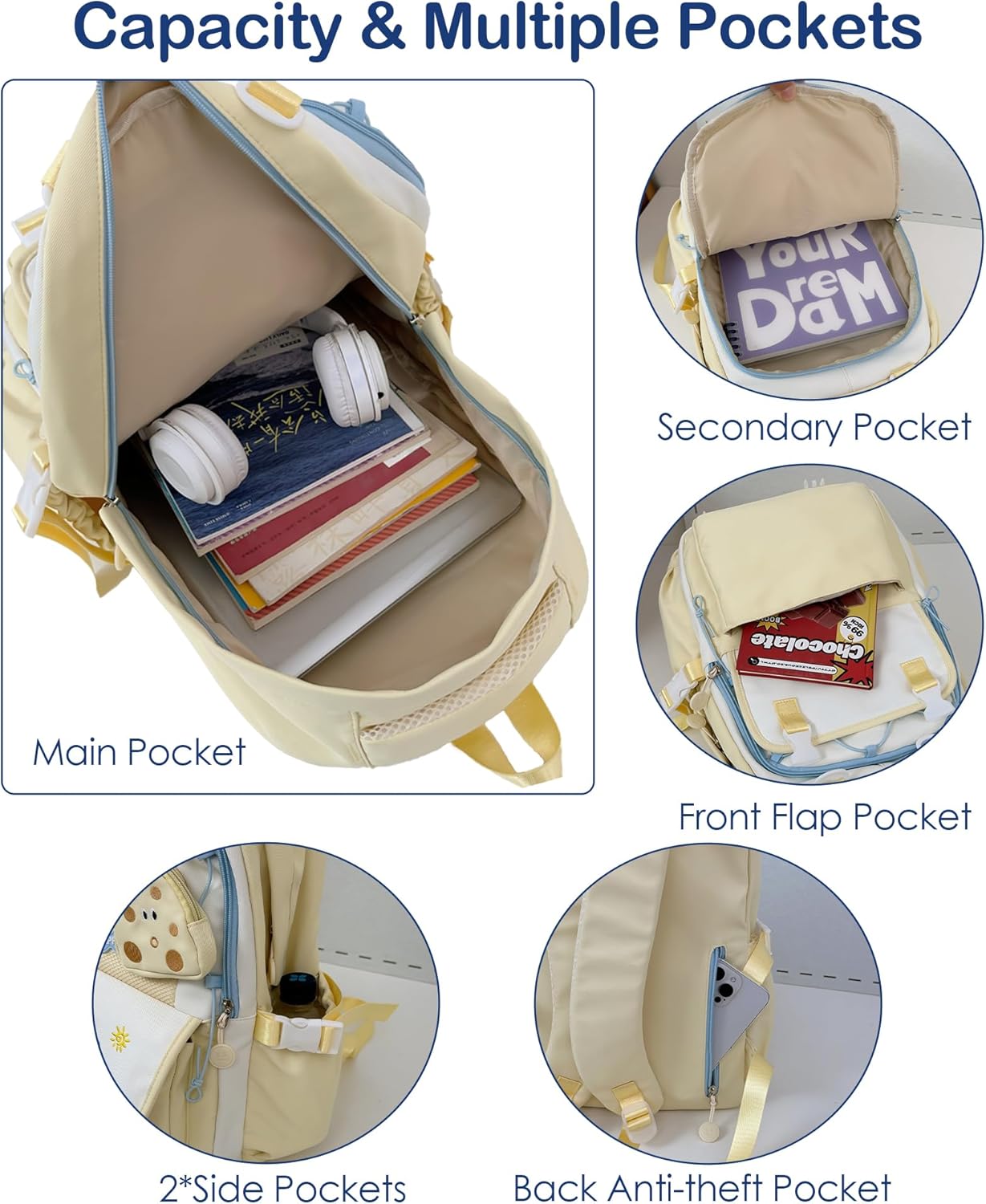 School Backpack for Girls, 3PCS Girls Backpack with Tote Bag Pencil Case,Cute Teens Bookbag for Elementary Middle High School (Blue) - Image 3