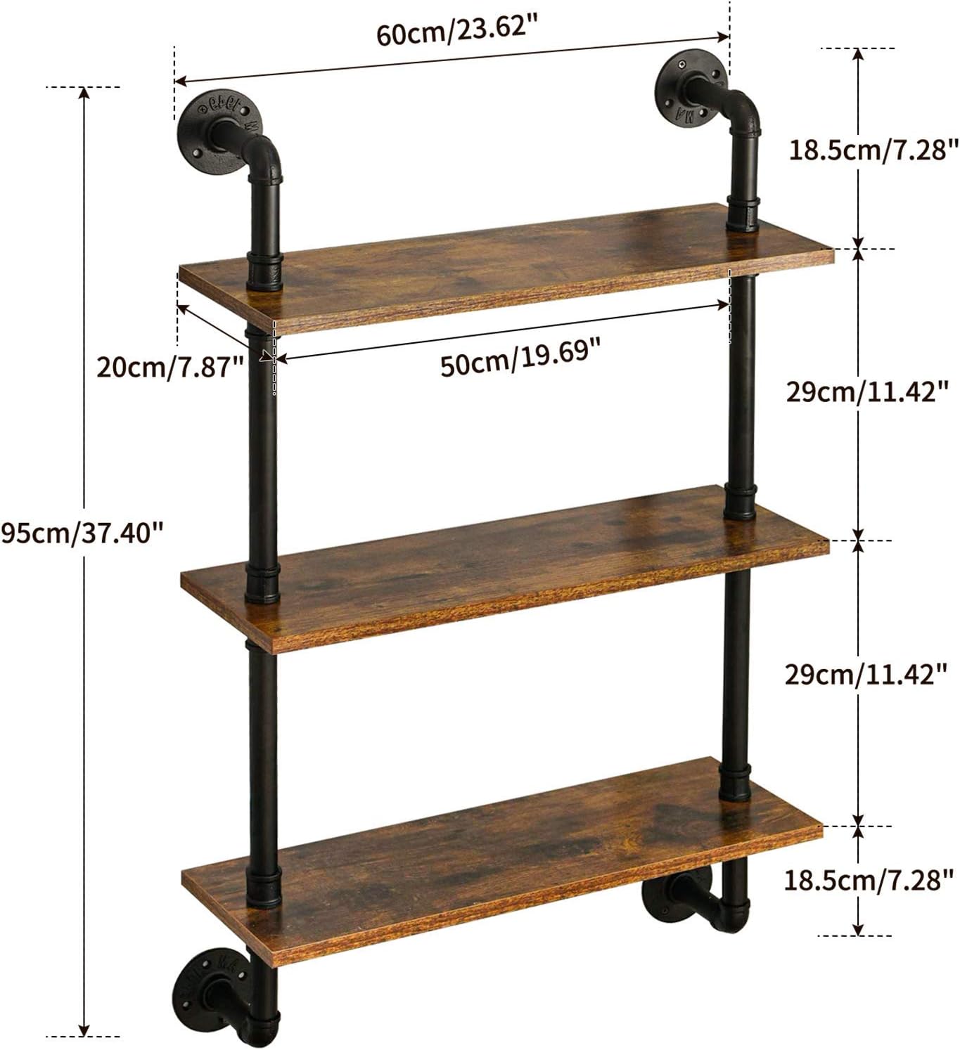 YMYNY Industrial Pipe Shelf Bracket, 3 Tiers Retro Wall Mounted Floating Shelf, Wood DIY Bookshelf, Storage Shelves for Living Room, Bedroom, Office, 24" Farmhouse Bathroom Shelving, UHRF-TM003