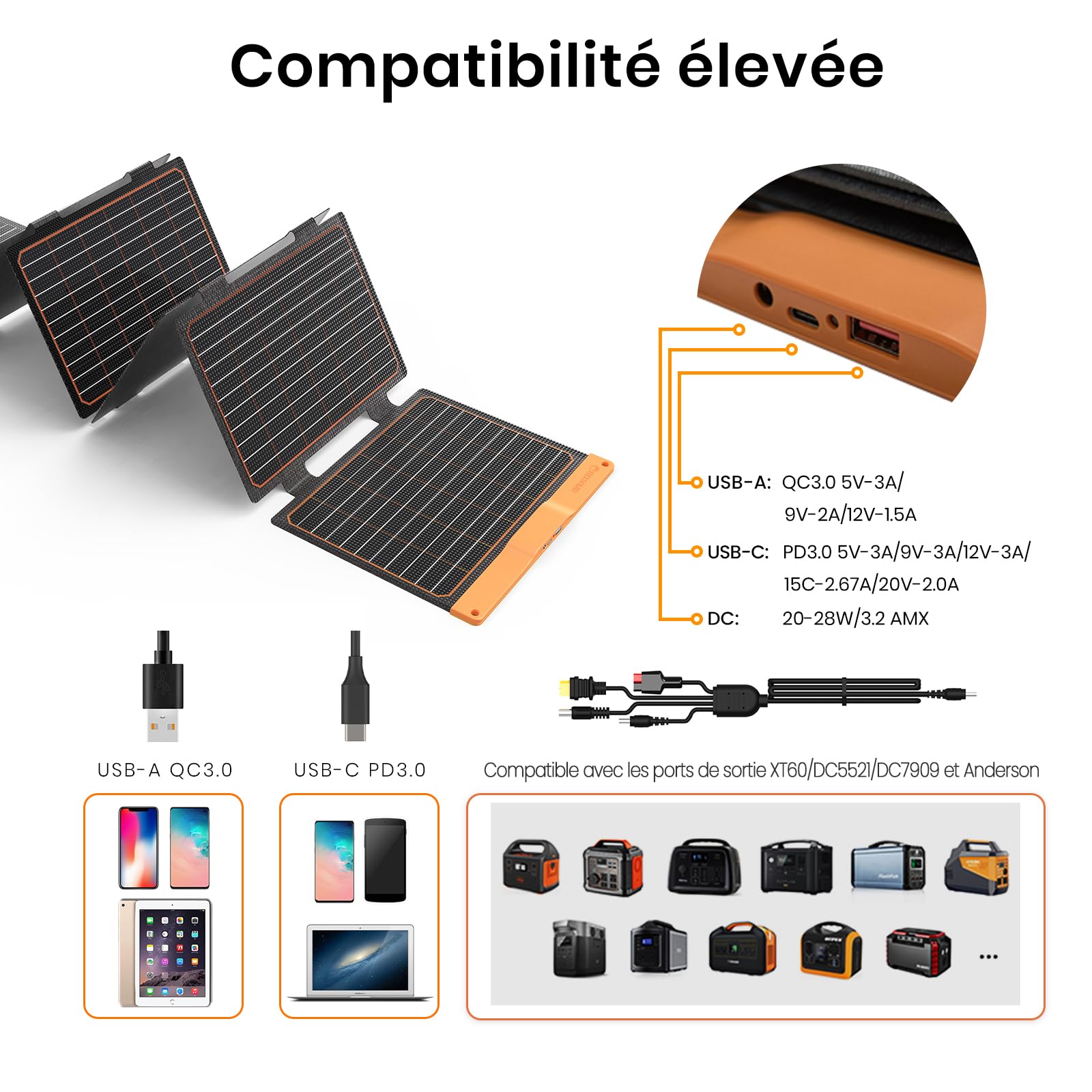 Panneau Solaire 60 W, FlexSolar Portable Chargeur Solaire PliableIP67 Imperméable à l'eau Alimentation d'urgence Camping pour Petit Générateur de Electrique, Téléphone, Alimentation Mobile, PC