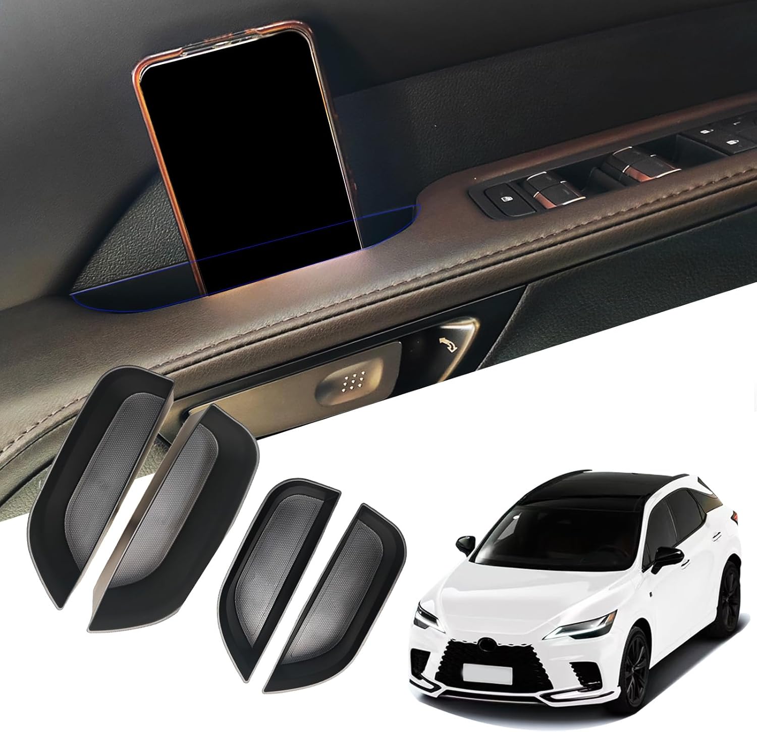 Car Door Handle Pocket Organizer Inserts for Lexus RX 2023 2024 2025 Accessories Car Pocket Organizer Front Rear Door Grab Inner Tray Box (4PCS Black TPE Storage Box-4 Door) (Black)