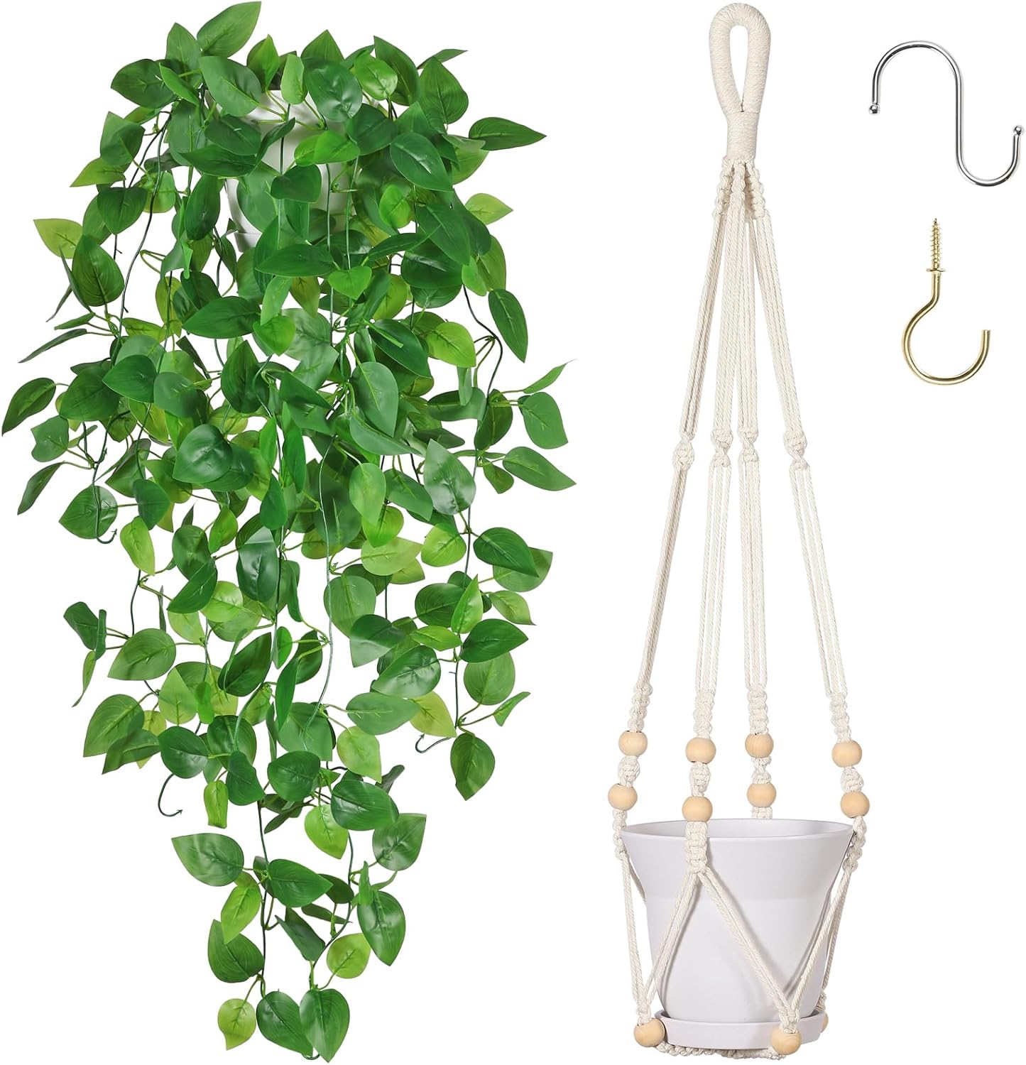Artificial Hanging Plants with Boho Macrame Plant Hanger - Fake Ivy Vines in Pot for Wall, Bedroom Home Faux Greenery for Indoor Outdoor Decor (2 Packs)