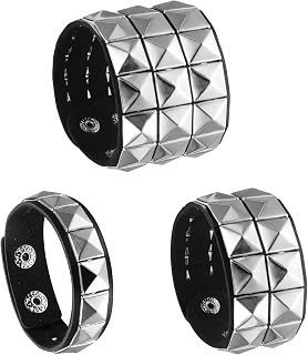 3Pieces Punk Leather Bracelet for Men Women Cuff Bangle Bracelet Adjustable Black Leather Wristband with Metal Halloween Goth Jewelry