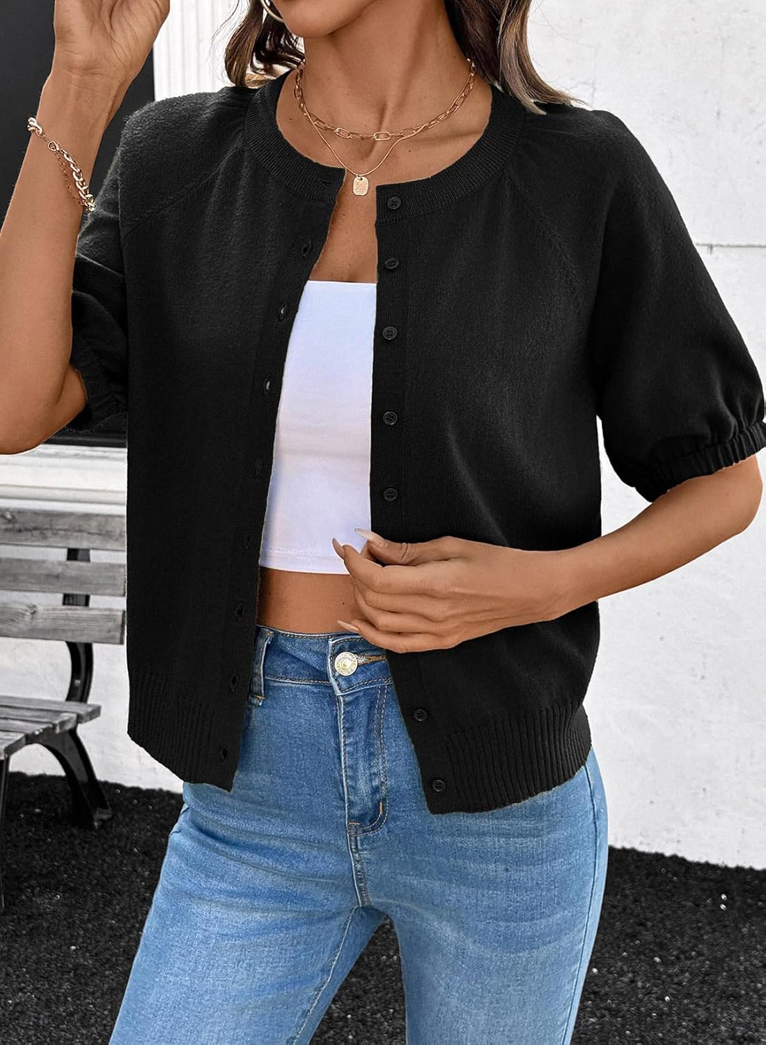 Dokotoo Women's Summer Casual Puff Short Sleeve Cardigan Sweaters Lightweight Soft Crewneck Button Down Knit Sweater Tops - Image 4