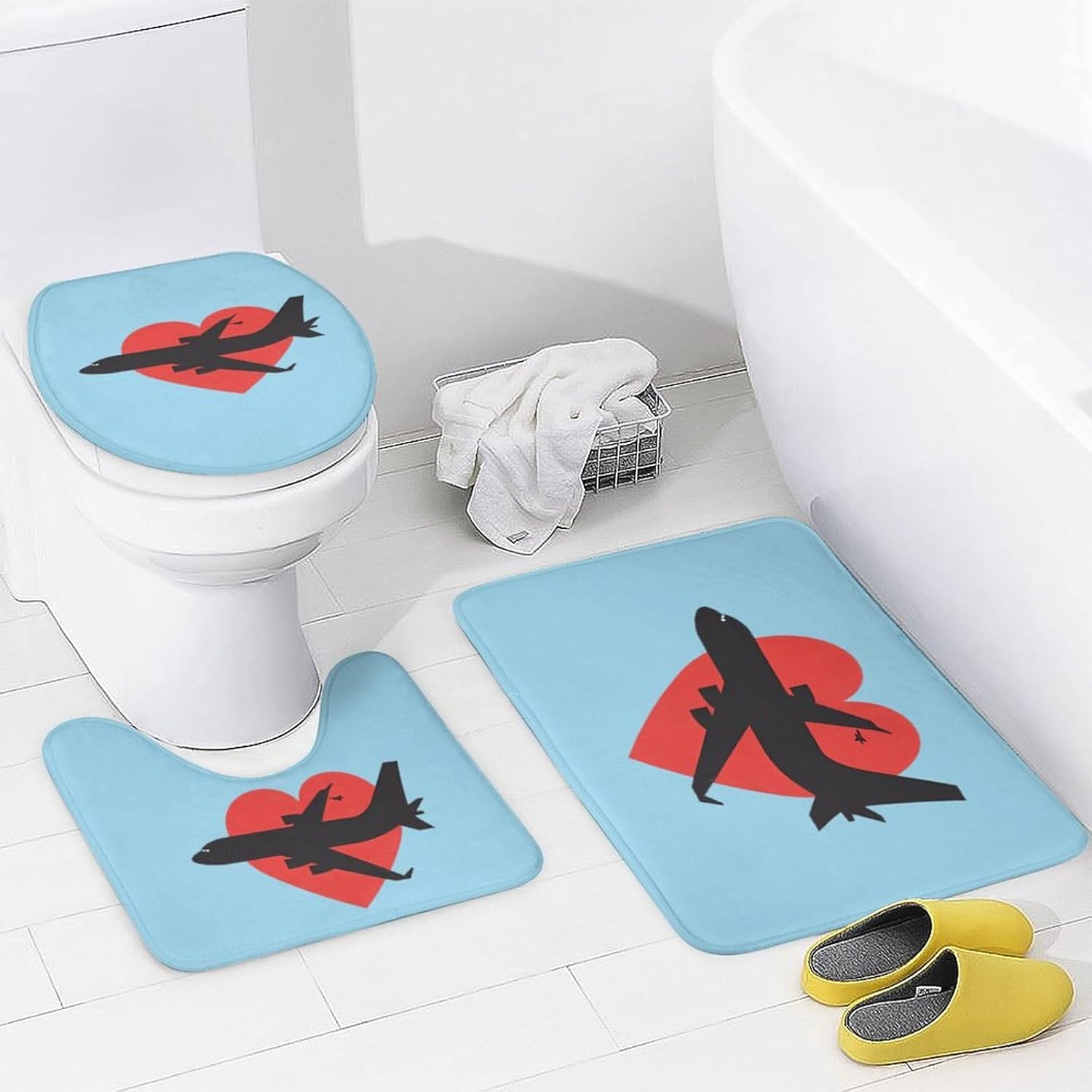 Airplane with Heart Modern Bathroom Sets with Shower Curtain and Rugs Decor 4 Pcs with 12 Hooks
