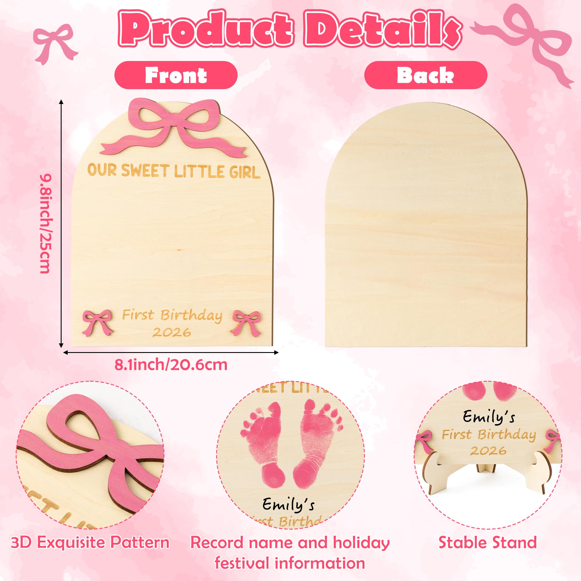 R HORSE 3D Pink Bow Baby's First Birthday DIY Footprint or Handprint Art Sign, Our Sweet Little Girl Wooden Hanging Decoration, Newborn Keepsake Gift for Baby Girl 1st Birthday Baby Shower Photo Prop