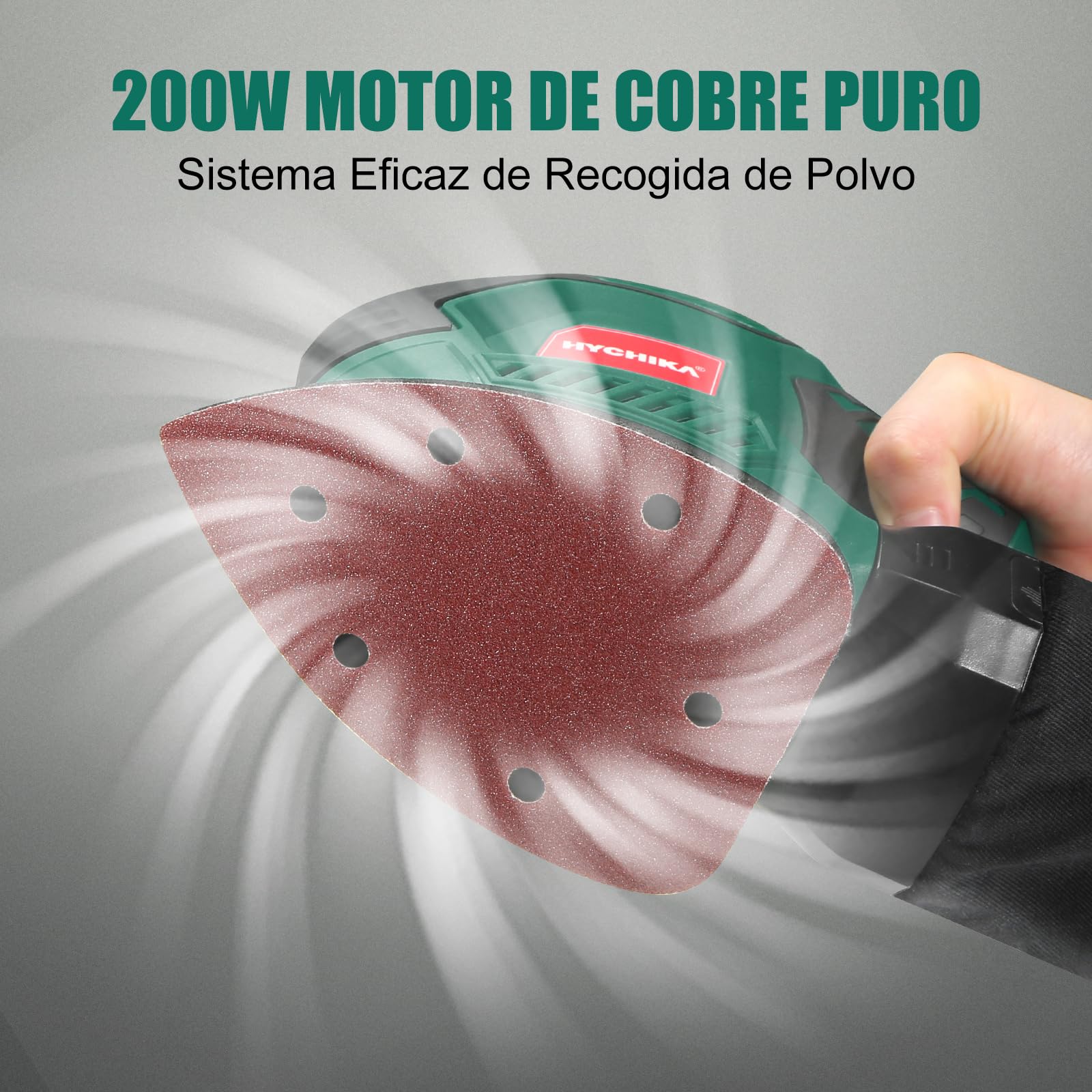 HYCHIKA Lijadora Madera, 200W Lijadora Eléctrica 14000RPM con Motor de Cobre Puro, Multifuncional con Recogida de Polvo, 12PCS Lija (240/120/80 Grano), Lijadora Mouse para Múltiples Esquinas, Madera