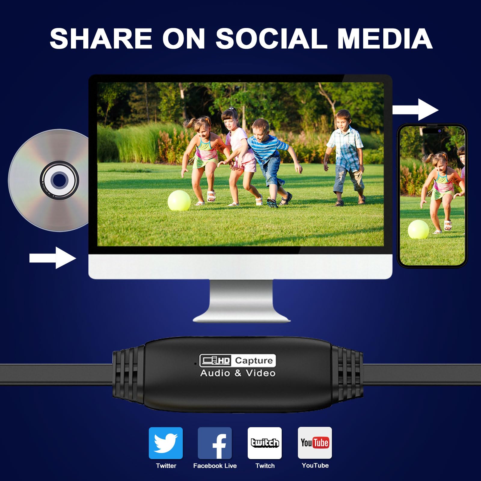 Convertidor VHS a digital 1080P, dispositivo de tarjeta de captura de video USB, RCA a USB, convertidor de VHS a digital, convertidor de video para VHS VCR Hi8 Mini DV a digital, para reproductor de