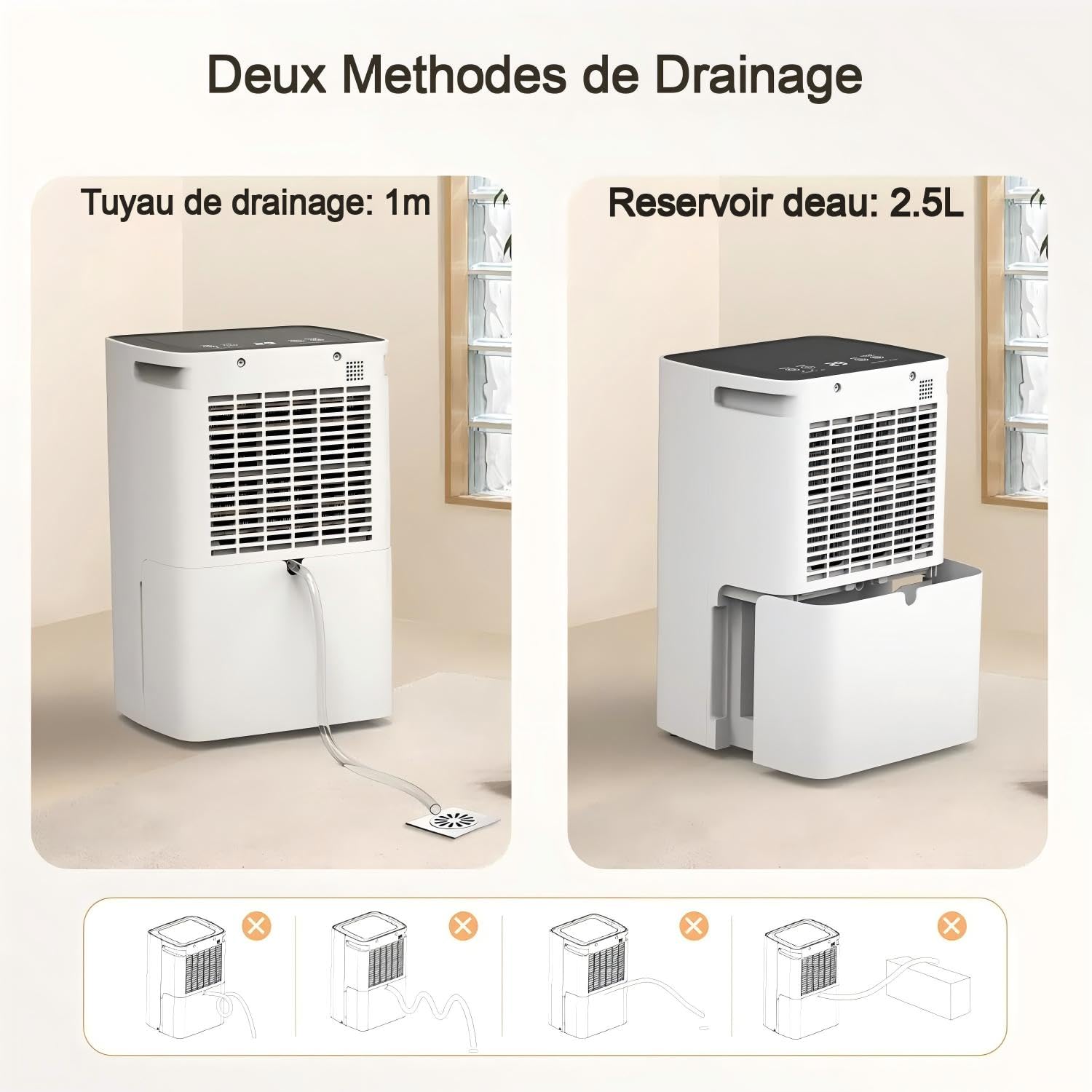 Deshumidificateur d Air, Deshumidificateur Electrique 12L/jour, Convient jusqu'à 120 m³/30 m², Deshumidificateur silencieux est équipé de tuyaux et de roulettes, Déshumidificateur pour Cave, Salon