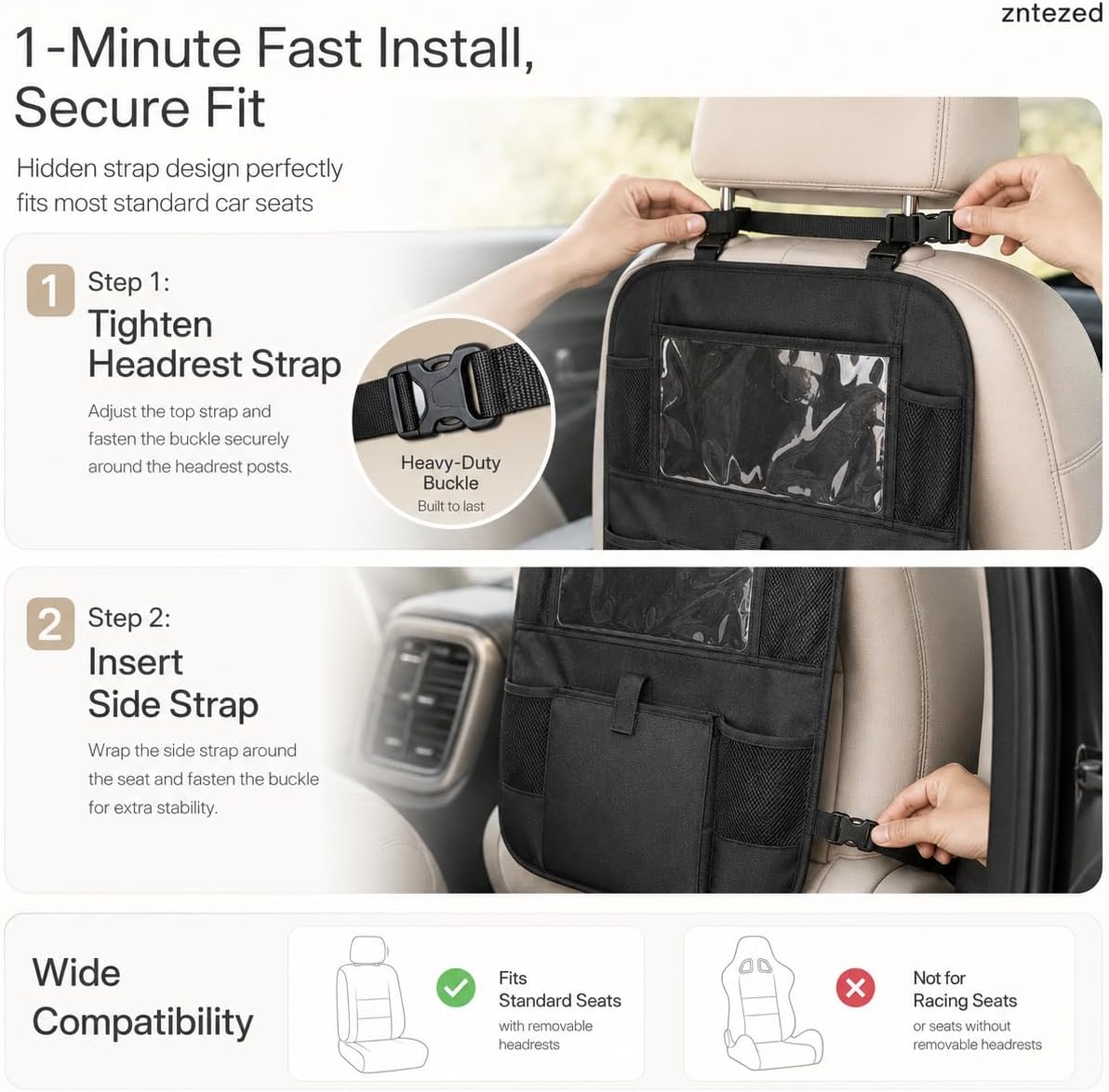 Car Backseat Organizer with 12 Storage Pockets, 12" Touch Screen Tablet Holder, Waterproof Kick Mats Seat Protector, Car Organizers and Storage for Kids, Road Trip Essentials（2 Pack，Black）