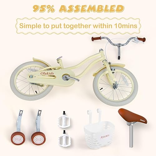 Miniatura 9 de Olakids Bicicleta para niños, 12, 14, 16, 18 pulgadas, bicicleta para niños pequeños con ruedas de entrenamiento, cesta de seguridad, manillar de