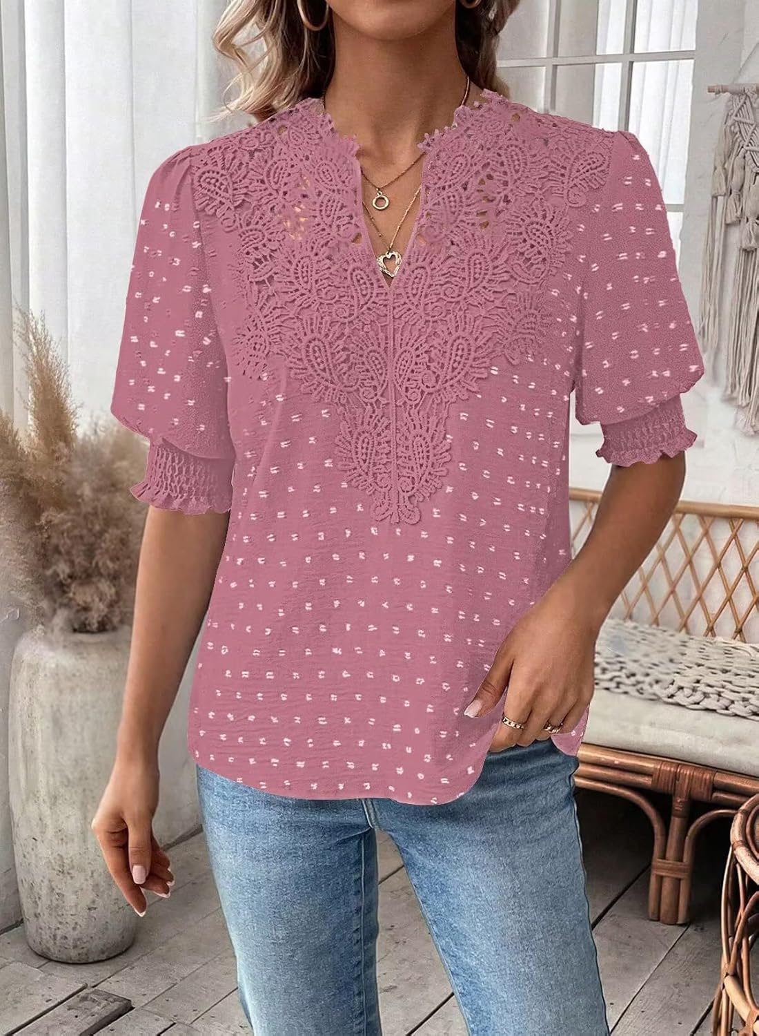 Womens Summer Tops Boho Short Sleeve Shirts V Neck Casual Chiffon Blouses Flowy Lace Hem Spring Clothing Trendy 2025 - Image 4