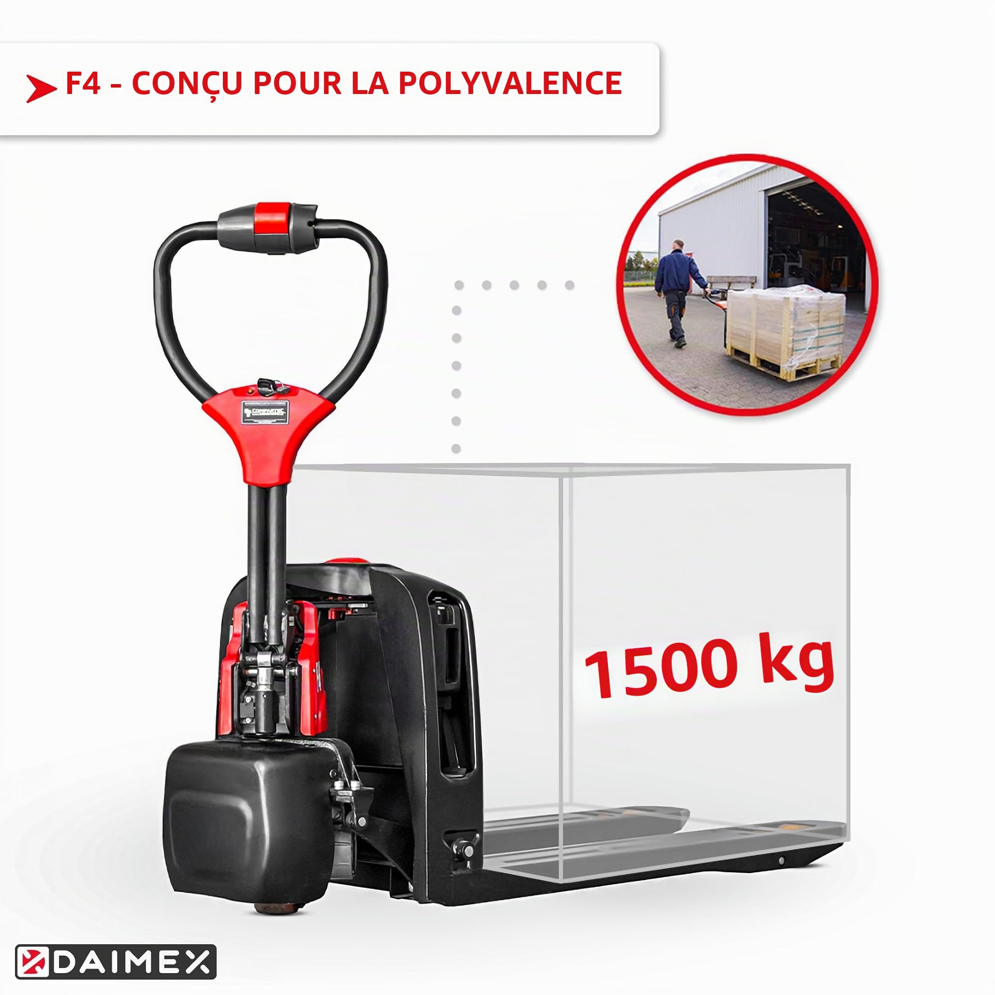 Chariot Élévateur Électrique Daimex | Capacité de Charge 1,500 kg | Longueur de Fourche 1,150 mm | Batterie Lithium-Ion 20 Ah | Volant en Polyuréthane | Rouleaux Tandem | Conçu pour un Usage