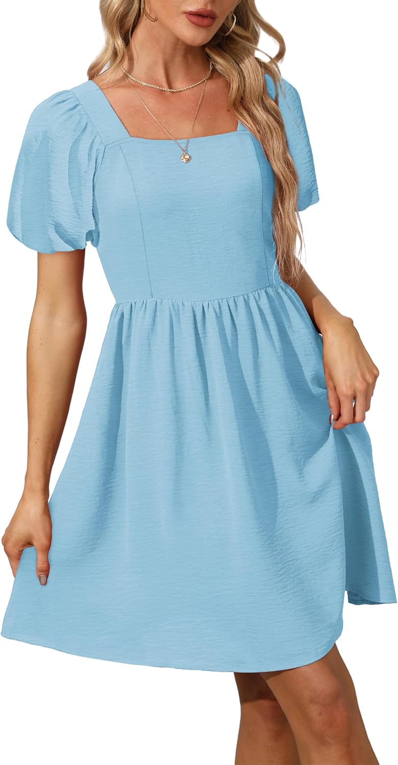 OFEEFAN Women Puff Sleeve Square Neck Tie in Back Dresses with Zipper