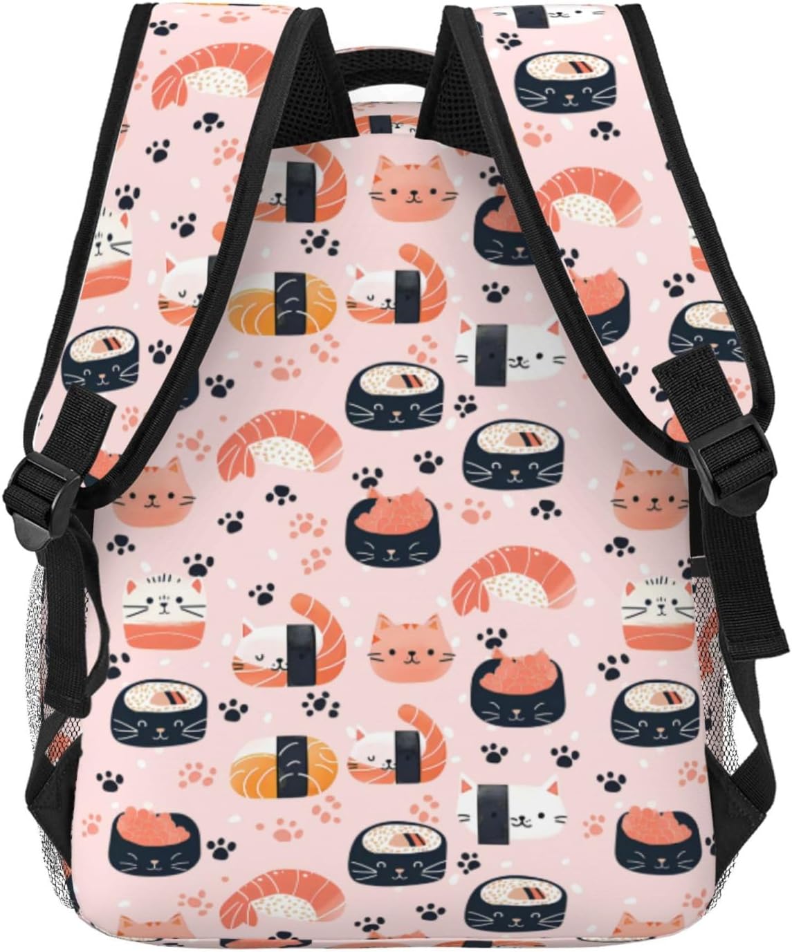 Sushi Cat Casual Backpack, Lightweight Laptop Bag Daypack, Cute Food Kawaii Backpacks for Women Men Teens Students, Pink Polyester Bookbag Gifts for School Work Travel Hiking