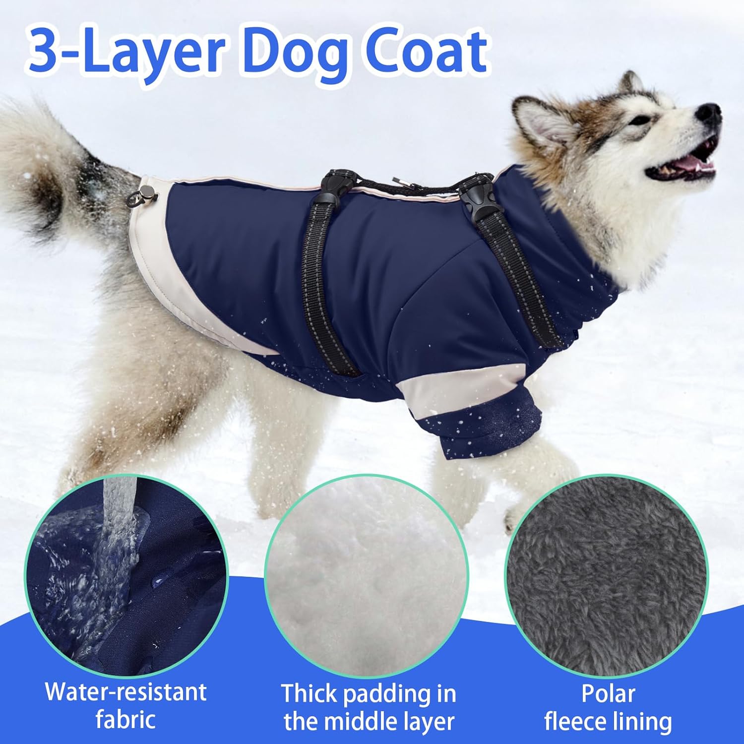 MIGOHI Ultra Thick Dog Jacket,Reflective Medium Dog Coat with Harness Built in,Warm Pet Winter Coat Zip Up Puffer Jacket with Furry Collar for Medium Dogs with Legs Outdoor Adventure,L,NavyBlue
