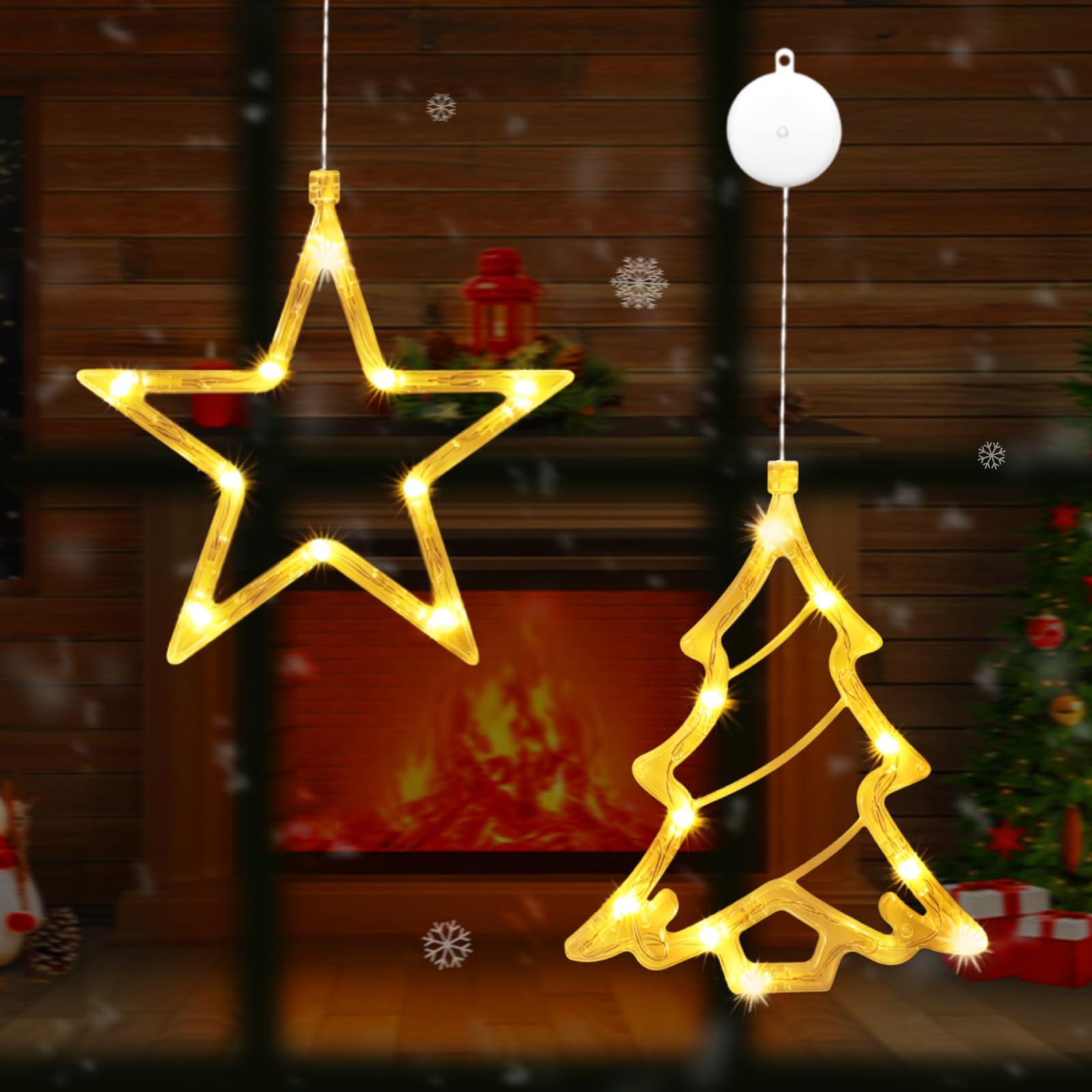 IWTBNOA Luces LED de Navidad con estrellas, 2 unidades, luces LED con ventosas, luces LED para decoración navideña, luz blanca cálida, para decoración de Navidad, balcón, fiesta, interior, exterior