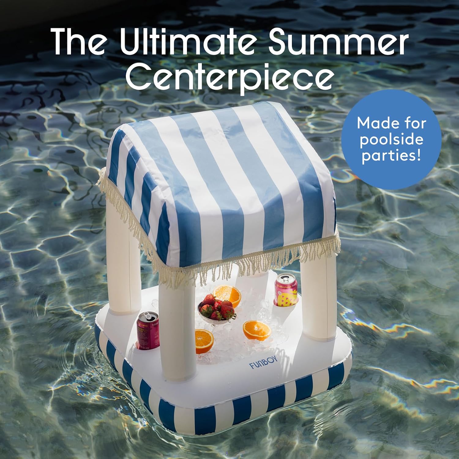 FUNBOY Cabana Stripe Pool Float Drink Holder, 24" Inflatable Floating Drink Station with Removable Fabric Shade for Summer Parties, Table-Top Decor and in-Pool Refreshments, Blue & White