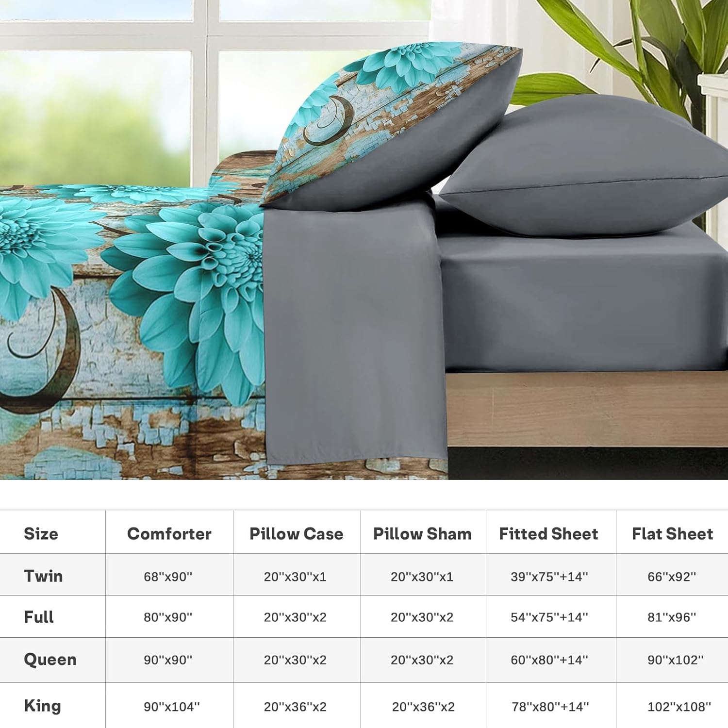 Nesker Comforter Set Queen Size, Teal Farmhouse Dahlia 7 Pcs Bedding for Kids and Adults, Rustic Flower Abstract Leaves Bed Sheet Sets with Fitted Sheet 2 Pillowcases & 2 Shams