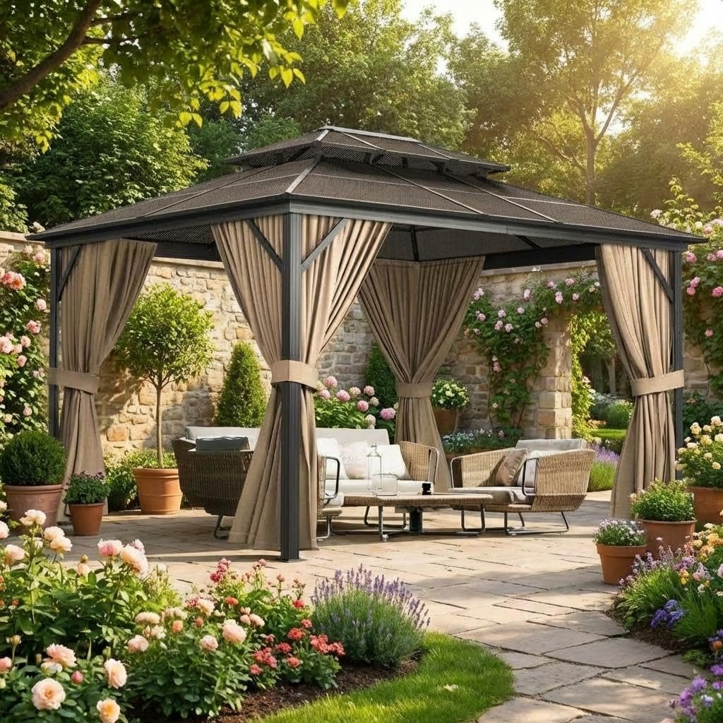 Photo 1 of 13'X10' Hardtop Gazebo, All-Weather Aluminum Frame Outdoor Canopy with Double Polycarbonate Roof, Permanent Outdoor Gazebo with Netting & Curtains for Garden, Lawns, Patio, Khaki.