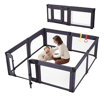 Large Baby Playpen for Babies and Toddlers, 79 x 71 Inch Foldable Play Yard with Breathable Mesh, Zipper Door, Anti-Fall Design, Indoor & Outdoor Baby Fence for Twins,Dark Gery