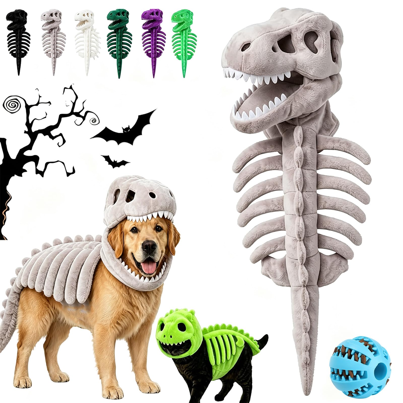 Dog Dinosaur Skeleton Glow in the Dark Halloween For Cats Dogs (Grey,35CM)