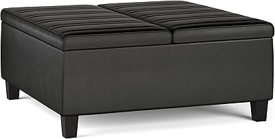 SIMPLIHOME Ellis 36 inch Wide Contemporary Square Coffee Table Storage Ottoman in Distressed Black Vegan Faux Leather, Assembled, for The Living Room and Bedroom
