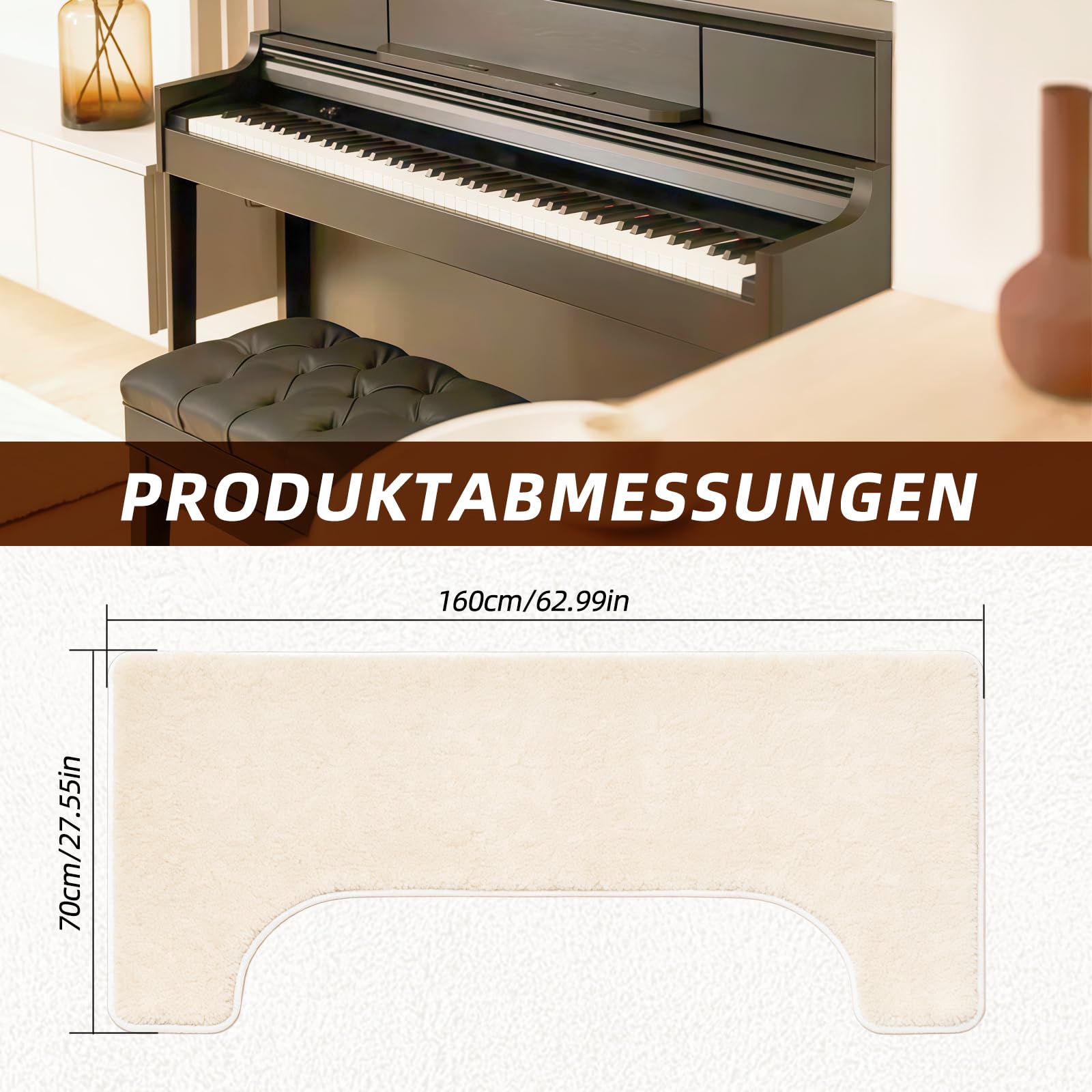 Klavierteppich 160x70 cm ， Schalldämmende & rutschfeste Klaviermatte zur Vibrationsdämpfung ， Unterlage für Klavier (Farbe: Khaki)