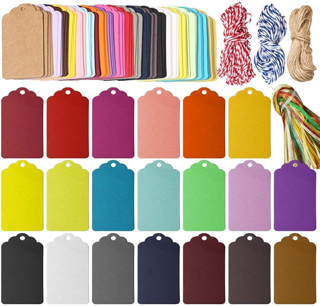 nuoshen 200 Pcs Colorful Christmas Kraft Gift Tags, 20 Colors Kraft Paper Hang Tags Sign with 4 Roll String Rectangle Hanging Tags for Christmas Tree Wedding Party Favors DIY Holiday