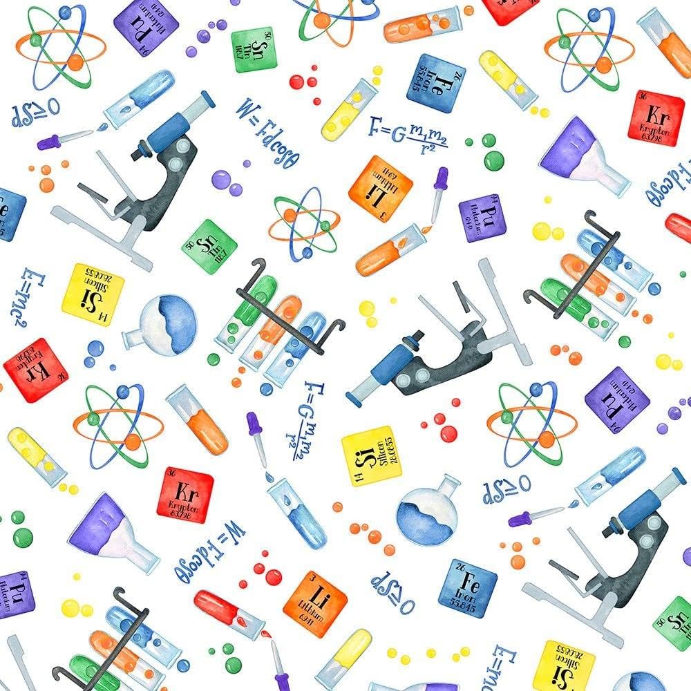 Wilmington Prints Fabrics School is Cool Nancy Mink Science Class Motifs White