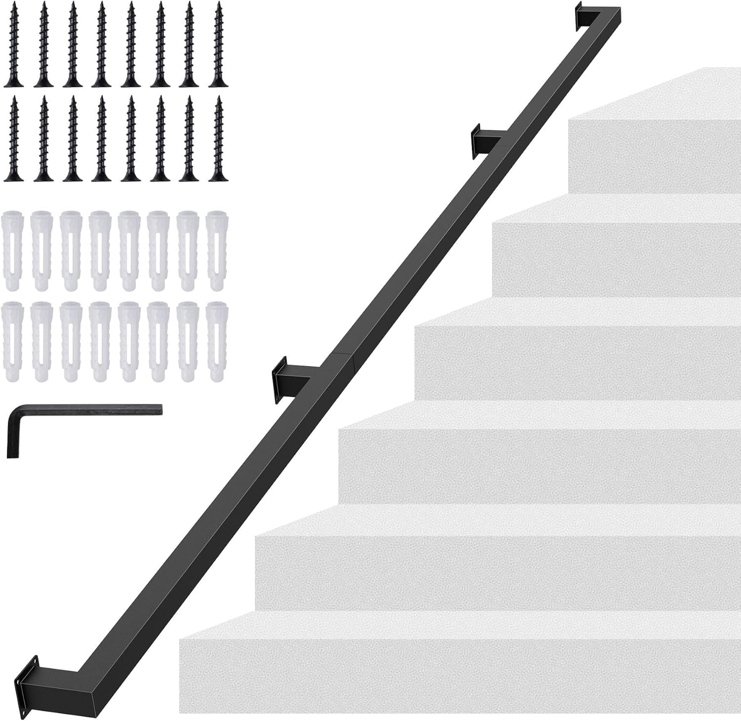 12FT Black Square Tube Handrail,Sturdy Stair Rail Wall Mount Handrails,440lb Load Capacity Industrial Iron Railing Pipe For Indoor Outdoor Steps Non-Slip Safety Rail,Elderly,Children,Pregnant Grab Bar