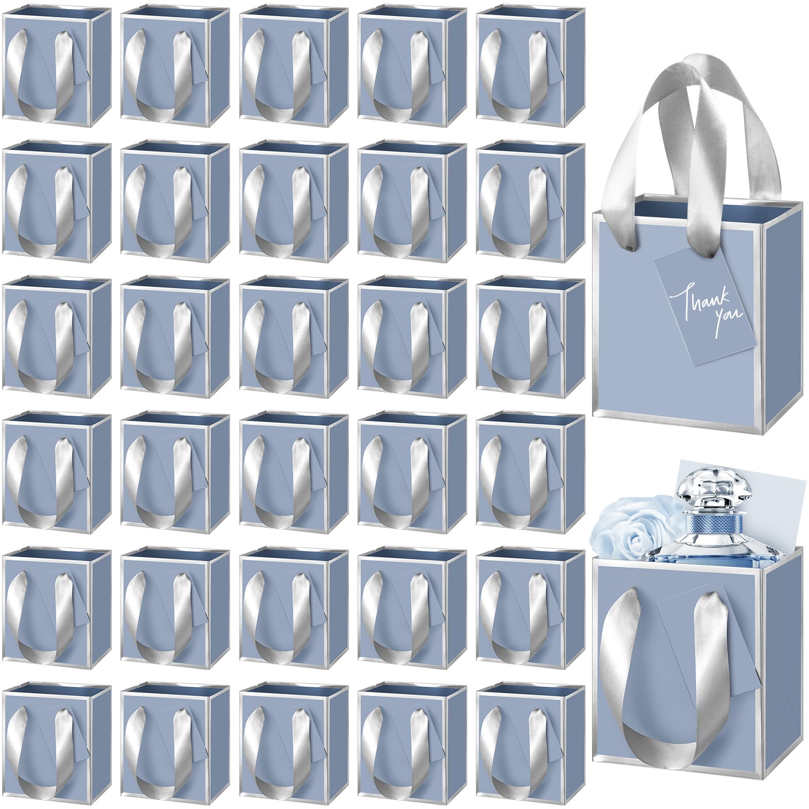 Photo 1 of Yeaqee 50 Pcs Mini Metallic Paper Gift Bags with Handles 4x2.75x4.5'' Tiny Small Gift Bags with Thank You Tag for Wedding Graduation Birthday Party Return Gifts Jewelry Business (Dusty Blue,Silver)